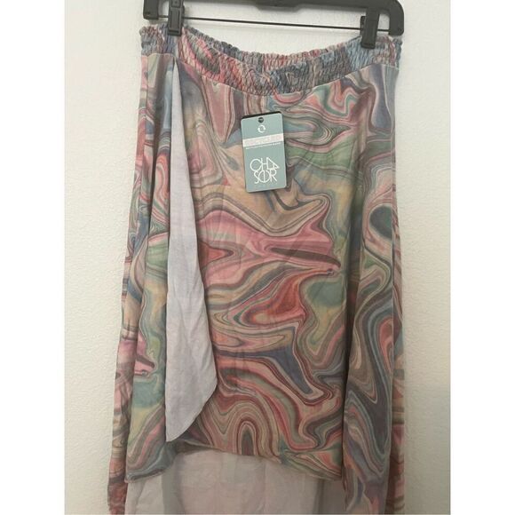 Womens Chaser Recycled Cozy Knit Smocked Hi Lo Circular Flounce Midi Skirt NEW - Picture 2 of 6